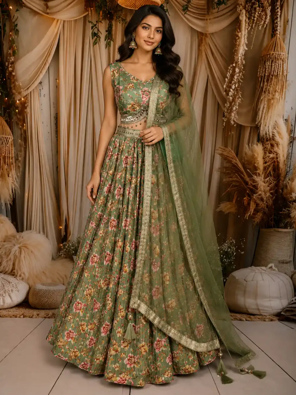 Leaf Green Floral Sequins Embroidered Design Crepe Lehenga with Dupatta